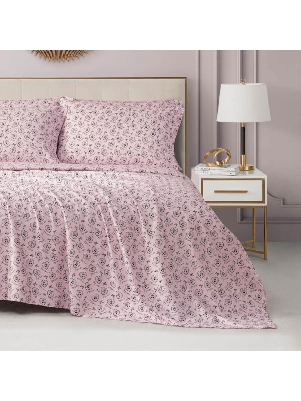 Vintage Cherry Hearts Light Pink Microfiber 6-Piece Queen Sheet Set - Soft
